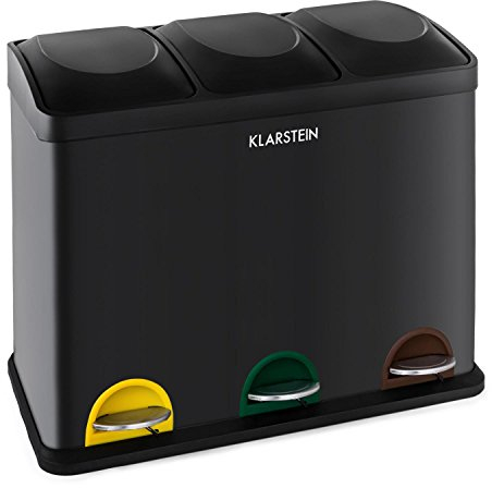 Klarstein Ökosystem 3 Mülleimer Mülltrenner Tret-Abfalleimer Recycling-Eimer farblicher Kennzeichnung 45 L 3 x 15 Liter Fächer Fußpedal-Öffnung Tragehenkel Edelstahl schwarz
