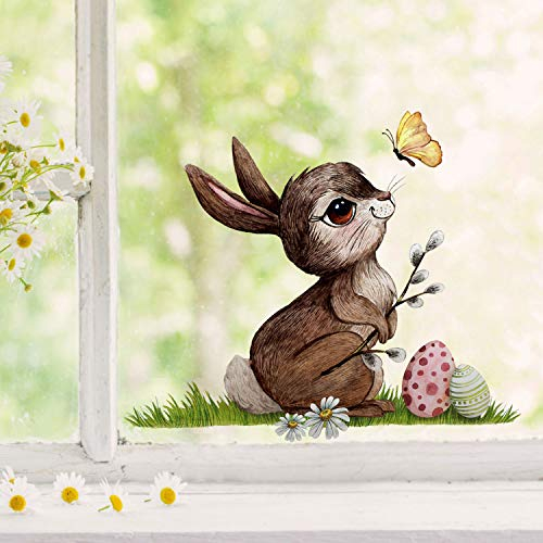 Fensterbilder Fensterbild Fuchs Reh & Hasen mit Pusteblume Osterkorb Ostern wiederverwendbar Fensterdeko bf30 - ausgewählte Farbe: *bunt* ausgewählte Größe: *1. Hase mit Ostereier*