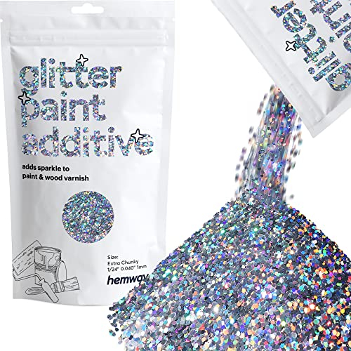 Hemway Glitter Paint Additive - Silver Holographic | Extra Chunky Metallic Flakes for Adding Sparkle to Paints & Wood Varnish | Add to Emulsion, Acrylic & Latex for Indoor Sparkly Walls | 100 g