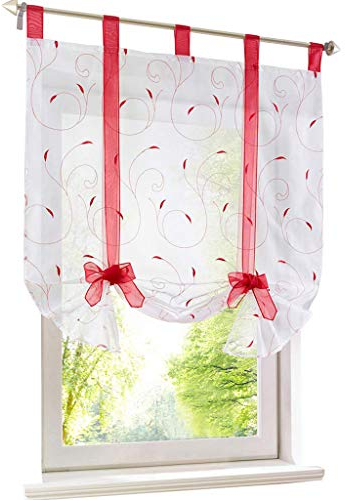 ESLIR Raffrollo mit Schlaufen Raffgardinen Gardinen Küche Bindegardine Transparent Schlaufenrollo Vorhänge mit Stickerei Modern Voile Rot BxH 100x140cm 1 Stück