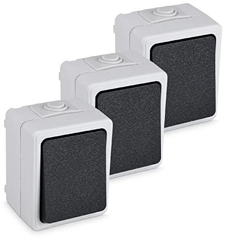 HEITECH Aufputzschalter für Feuchtraum IP54 - Neues Modell - 3x 1fach Aufputz Schalter AP - Wechselschalter 250V 10A