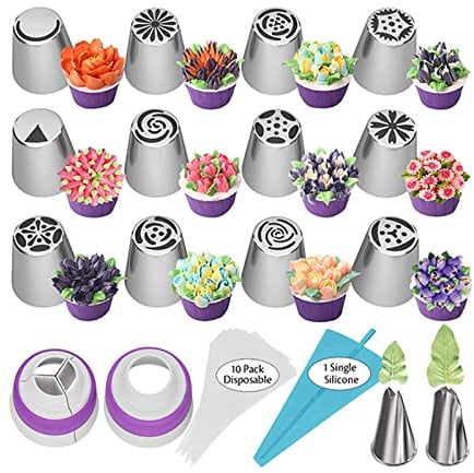 Hebudy Ensemble de douilles russes comprenant 12 douilles russes pour décoration de gâteaux, 2 douilles fleurs, 2 coupleurs 10 sacs, 1 poche à glaçage, outils de décoration de gâteaux