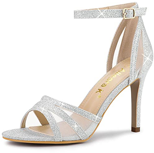Allegra K Damen-Sandalen mit Glitzer-Knöchelriemen und Stiletto-Absatz Silber 39.5