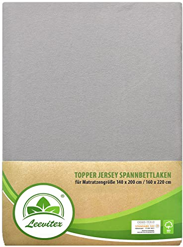 leevitex Premium Topper Boxspringbett Spannbettlaken | 100% Mako-Jersey-Baumwolle | ÖKO-TEX | 170g/m² | 140 x 200-160 x 220 | Grau | 18 cm Steg …