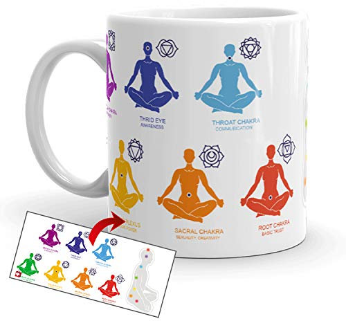 Kembilove Tazas de café Buda – Tazas Desayuno mandalas – Tazas con mensajes positivos – Buda de la abundancia – Tazas originales figura buda – Tazas de té mandalas Chakras Colores