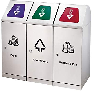 XinYuan Al Aire Libre Papelera de Reciclaje Triple Bote de Basura, Cubierta de Acero Inoxidable Papelera con una Etiqueta del Sistema, con el Interior de la Tapa y Cubos