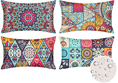 Velvhom wasserdichte Lendenkissenbezüge für Sofa Zierkissenbezüge Abstraktes Böhmisches Geometrie Leinen Dekorativer Rechteckiger Kissenbezug Sofaüberwürfe Vintage Wohnkultur, 30 x 50 cm,12 x 20 Inch