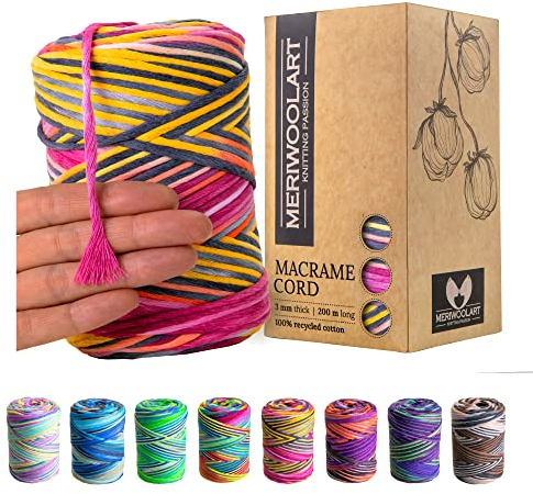 MeriWoolArt® Makramee Garn - Makramee Garn 3mm farbig 200m - Super weiches Garn, einfach gedrehte Makramee Schnur - Öko-Tex 100% recyceltes Baumwollgarn farbig - DIY Boho Deko Makramee