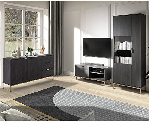 Wohnzimmer Set mit Sideboard, Vitrine und TV Lowboard in Esche schwarz Nb. mit LED Beleuchtung, Industrial Design mit Metall-Fußgestell und Metallgriffen, Softclose
