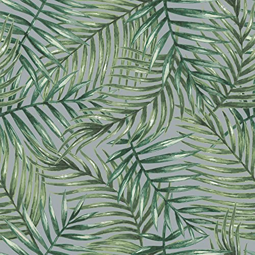 Outdoor Garden Fabric - Green Leaf on Grey - PU Coated Polyester Water Resistant