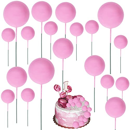 Qaziuy 30Pcs Mini Balloon Cake Topper, Round Foam Cupcake Topper Ball Cake Decoration,DIY Cake Insert Topper for Birthday Anniversary Graduation Party Decor Pink