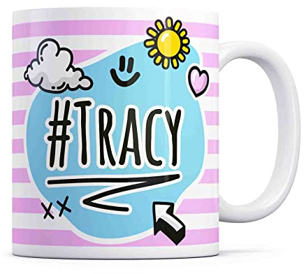 Tazletree Tracy Mug. Pink and Blue Happy Doodle Design Standout Coffee Cup.