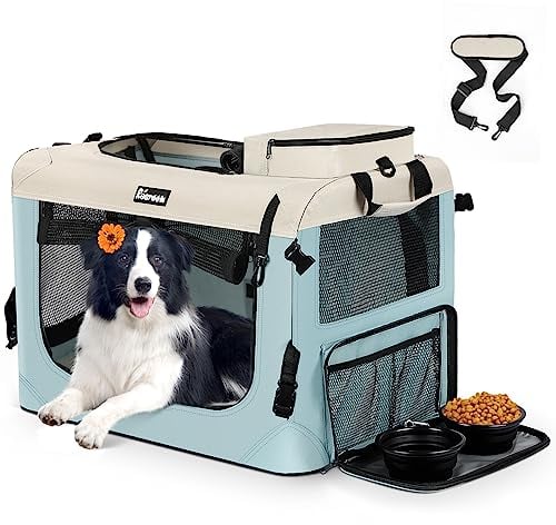 Reerooh Hundebox M 60x42x42cm, Faltbar Hundetransportbox Inkl.Hundenapf, Tragbare Hundetasche für Reisen, Hunde und Katzen Auto Haustiertransportbox(M, Blau)