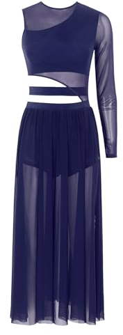 YOOJIA Damen Tanzkleid Eiskunstlauf Kleid Ballettanzug Lang Ballettkleid EIN Schulter Latein Rumba Tango Kleid Ballsaal Dancewear Navy blau M