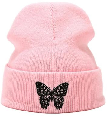 BOQUN Gestrickte Mütze Stilvolle Strickmütze Schmetterling Gestickte Winter Warme Ski Hut Strickmütze-Rosa