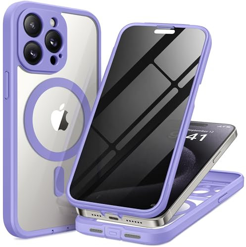 TIESZEN Magnetic for iPhone 15 Pro Max Case, Compatible with MagSafe, Built-in Privacy Screen Protector and Camera Protection, Anti Spy Full Body Dustproof Shockproof Hard Phone Case 6.7,Light Purple