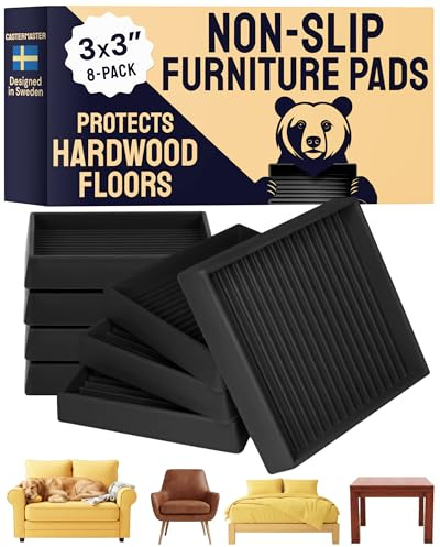 CasterMaster Square Non-Slip Furniture Pads - 3 in x 3 in, Pack of 8, Black - Stoppers to Prevent Sliding - Floor Protectors for Furniture - Noise Reduction & Caster Cups for Vinyl Floors