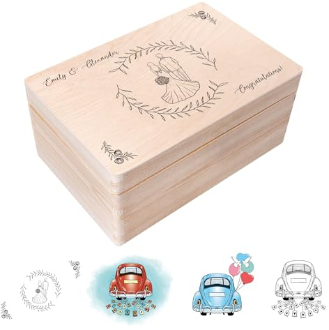 Creative Deco Hochzeitsgeschenke Personalisiert für Brautpaar | Geschenk zur Hochzeit | Erinnerungsbox Hochzeit | Geschenkkiste | Holzkiste mit Deckel | Hochzeitsgeschenk Personalisierte Farbdruck