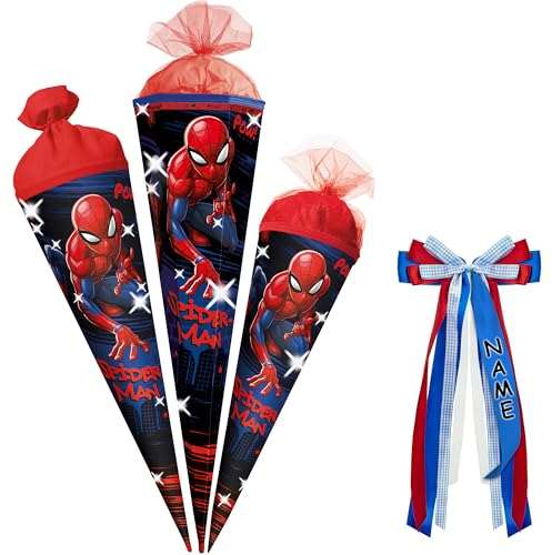 alles-meine.de GmbH Schultüte - Spyderman - 35-100 cm - Größe wählbar - Holzspitze wählbar - inkl. Name + Verschluß-Schleife - Zuckertüte - Tüll - oder Filzabschluß - eckig/r..