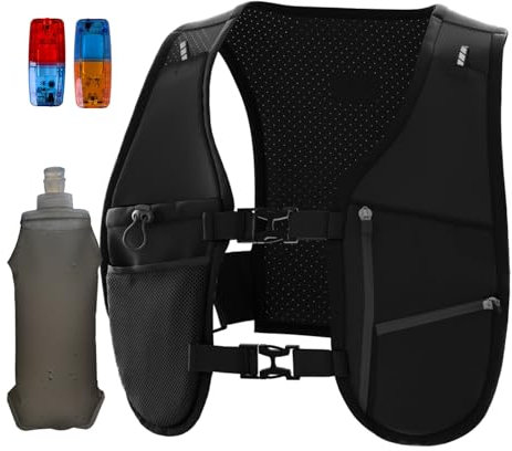 EGOO - LED Running Vest with Multi-Pockets for Men and Women, Lightweight Hydration Vest for Running & Outdoor Activities, Rechargeable LED Safety Light x2 + 500ml Soft Flask x1 (Black)