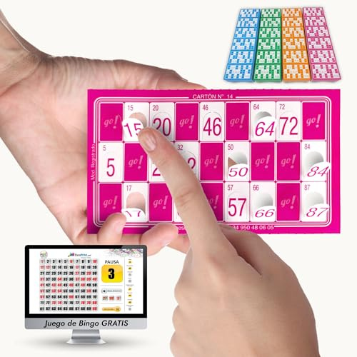 BINGO ESCOPRINT - 480 Cartones Bingo Troquelados Reutilizables | Juego de Bingo para PC de Regalo | Juego de Mesa | 90 Bolas | Adultos, Familias y Asociaciones | Fucsia