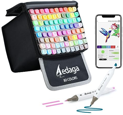 AEDAGA 80 Colours Alcohol Markers with Free App, Chisel and Fine Tips Alcohol Pens with Kickstand Case for Adults, Drawing Markers for Anime Manga Drawing and Sketching