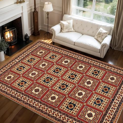 JNNCUD Teppich, Kurzflor, traditionell, Vintage, Dunkelrot, Ornament, Bordüre, Teppich, Wohnzimmer, Schlafzimmer, Esszimmer, Büro, strapazierfähig, mit 4 rutschfesten Aufklebern, 60 x 120 cm