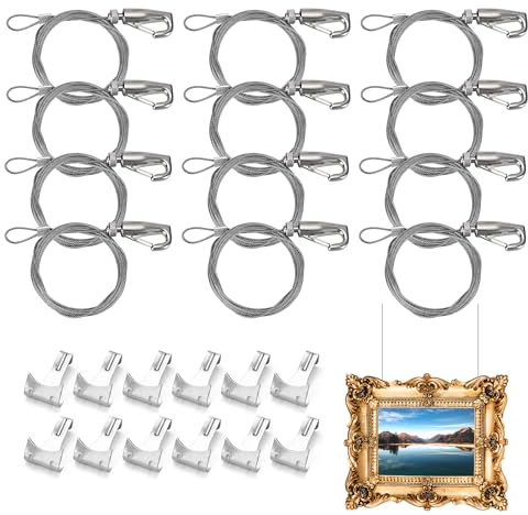 Aramanara 12 Pcs Picture Hanging Wire Kit, 2m × Φ1.5mm Stainless Steel Picture Rail Hooks and Wire with Adjustable Hook and Rail Moulding Hook for Picture Mirrors Artwor Display