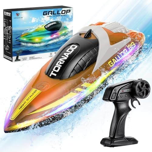 HOTUT Bateau Télécommandé, 2,4 GHz Haute Vitesse Bateaux, Bateau Telecommandé Enfant, avec Lumières LED, Alarme de Batterie Faible, récupération de chavirage, RC Bateaux de Course pour Piscines Lacs