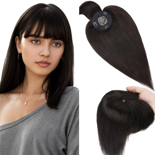 Elailite Echthaar Topper Naturschwarz Haartopper Real Human Hair 30cm 35g Toupet Damen mit langem Pony, Clip in Haarteil, Basis 10x10cm (keine Zeile) #1B