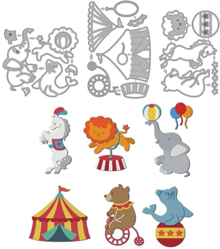 MAYJOYDIY Zirkustieren Karneval Metall Stanzformen Mardi Gras Stanzformen Löwe Elefant Seehund Pferd Prägepapier Stanzschablonen Für Scrapbooking Party Fotoalbum DIY Papierbasteln