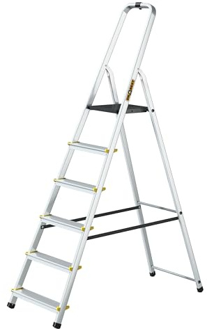 Drabest - PRO Haushaltsleiter - Stehleiter - 6 Stufen - Arbeitshöhe 3,19m - Klappleiter aus Aluminium, max. 150 kg, mit Praktischem Haken - Aluleiter mit Plattform 25x26 cm, rutschfeste Füßen