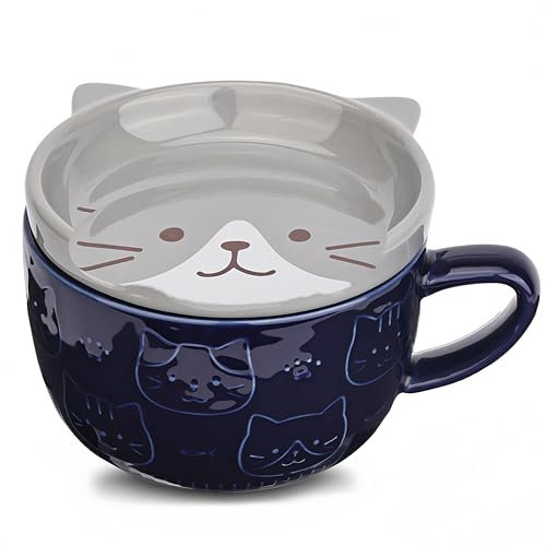 Beyinli Niedliche Keramik Katze Kaffeebecher mit Deckel,Kaffeebecher oder Teebecher für Katzenliebhaber,Lustige Neuheit Katze Frühstück Tassen für Frauen Freunde Kinder Weihnachten Geburtstag