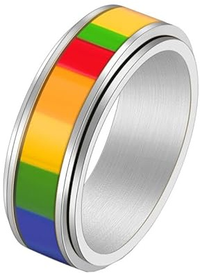 PAURO Unisex Edelstahl Rotierbarer Regenbogen-Flagge LGBT Pride Ring für Schwule Lesben 8MM Silber Größe 52 (16.6)