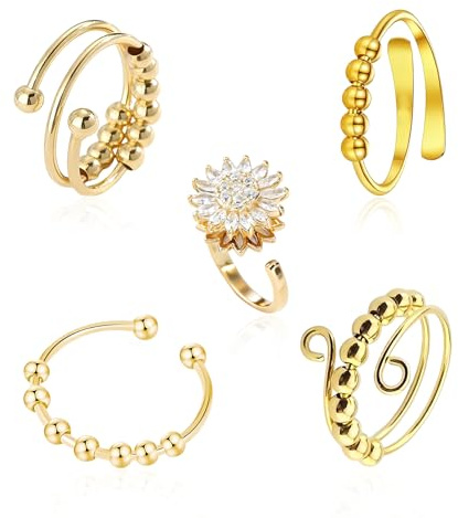 AHEJIOO 5 Stück Verstellbare Anxiety Ring Gold Farbe, Spinner Anti Stress Ringe, Sonnenblume Fidget Ringe, Antistress Ring Damen, Passend Für Alltag, Reisen, Arbeiten, Geschäftsreisen