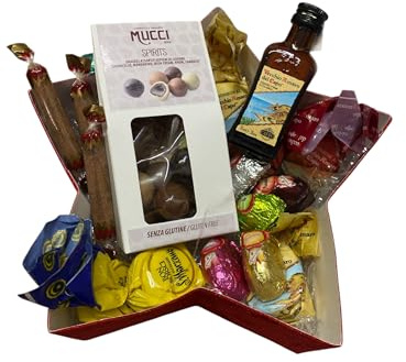 Confezione Regalo Natalizia alcoolica scatola a forma di Stella, con Praline Liquori assortite e 1 mini bottiglia amaro del capo da 20 ml