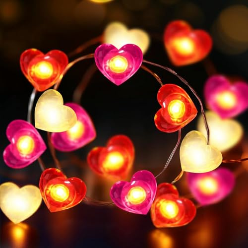 Mavouri Lichterkette Herzen Valentinstag, 3M 30 LED Herz Lichterkette mit Timer, LED Herz Lichterketten Batterie, Warmweiß Lichterketten Herzen für Valentinstag Deko, Hochzeit, Deko Mädchenzimmer