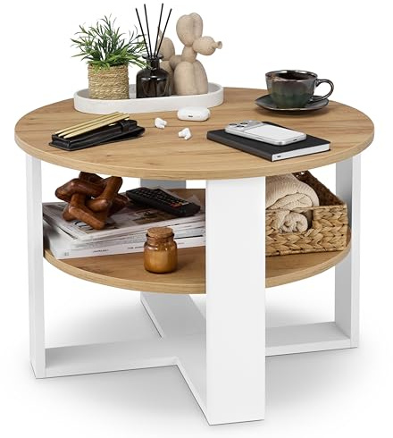 defiPad Couchtisch rund Ø70 cm mit Ablage, Weiß/Eiche | 18-mm-Möbelplatte, 2 Ebenen, in Europa gefertigt, pflegeleichte Oberfläche, stabile Konstruktion, einfache Montage