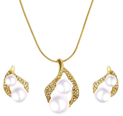 meberg Karma NHDP379418 Schmuckset Gold Damen Kristalle Perlen Halskette 44 cm Karabinerverschluss Ohrstecker eleganter Schmuck Damenschmuckset Kette Perlenohrringe