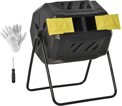42.3gal Dual-Side Rotating Compost Tumbler Bin, 360° Outdoor Composter, Steel-Reinforced PP Drum, 16 Air Vents, Yellow Black Design, Sliding Access Door