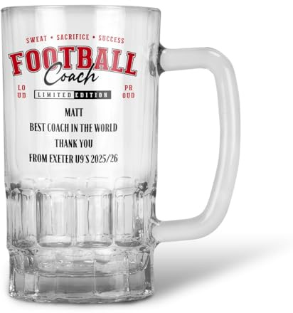 Personalised Football Coach Beer Pint Glass Mug Tankard, Clear, 20oz, Dishwasher Safe, Limited Edition Design