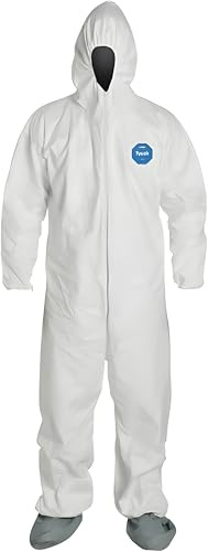DuPont Tyvek 400 Disposable Protective Coverall with Elastic Cuffs, Attached Hood and Boots, White, Large, 1-Pack