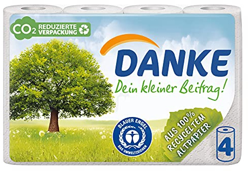 DANKE Haushaltstücher Rollen, Küchenrollen 3lagig aus 100% Recycling Papier, 1 x 4 Rollen (4 x 45 Blatt)