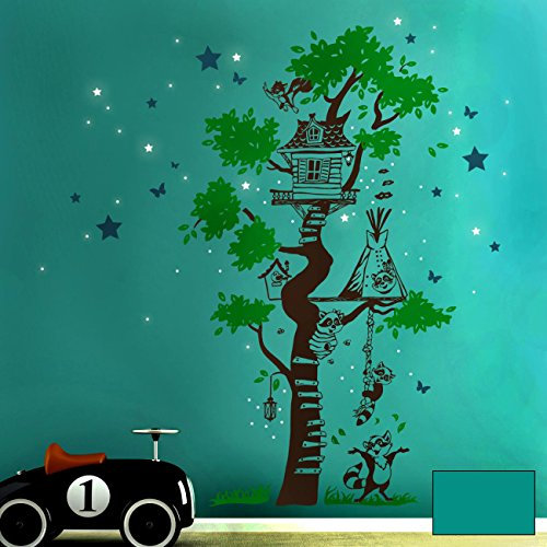 Wandtattoo Wandaufkleber Baumhaus Baum mit Waschbären Sternen und Wunschnamen dreifarbig nachtleuchtend M1793f - ausgewählte Farbe: *Türkis* - ausgewählte Größe: *M - 102cm breit x 160cm hoch*