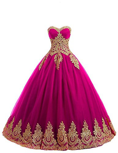 Stillluxury - Robe de bal en tulle pour quinceanera et bal de promo - Robe longue à détails dorés - Rose - 38