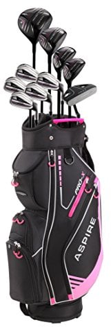 aspire Pro-x Damen Komplett Rechtshänder Golfschläger Set Titan F Treiber, 3 Fairway Holz, 4–5-Hybriden, Eisenschläger 7-SW Eisen, Putter, Cartbag, 4 H/C 's, Rose, Regular Size