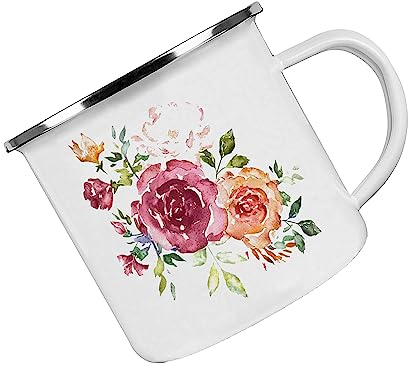 Crealuxe Emaille Tasse Vintage Nostalgie Floral 5 - Kaffeetasse mit Motiv, Campingtasse, bedruckte Emailletasse mit Wunschtext