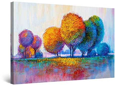 Startonight Impression Sur Toile Peinture Arbre Arc en Ciel Rouge Bleu Doré, Tableau Abstrait - Decoration Murale Salon Moderne - Image sur Toile - Grande 80 x 120 cm Idée Cadeau Élégante Originale