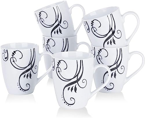 VEWEET 'Zoey' 6-Piece Mugs Set 330ml Porcelain Patterned Coffee Tea Mugs, Height 10.3cm