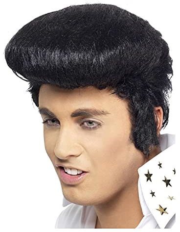 PAPSTAR NEU Perücke Herren Elvis Deluxe Rock 'n Roll mit Koteletten, schwarz - mit Haarnetz